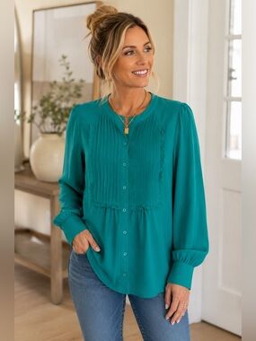 J. CREW Teal Pintuck Ruffle-Trim Button Down Blouse Career flowy quiet luxury